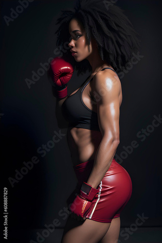 Illustration of fit girl, woman training box, taekwondo, kickbox. AI generated content.
