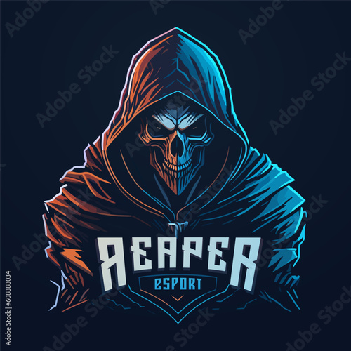 Grim Reaper mascot logo. Esport gaming spooky skull logo design. Vintage and high quality grim reaper logo.