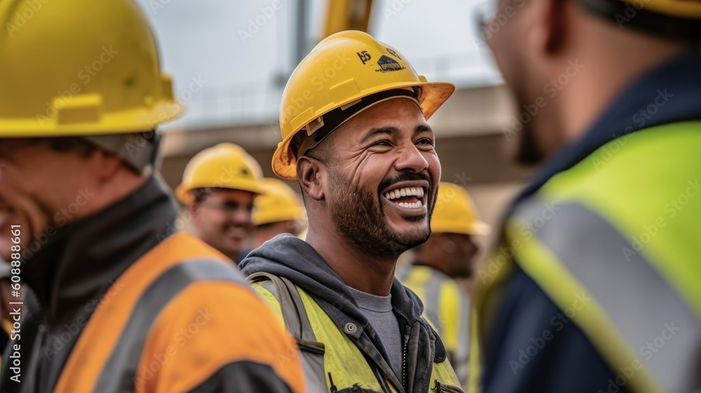 Generative AI happy of team construction worker working at construction site - obrazy, fototapety, plakaty 