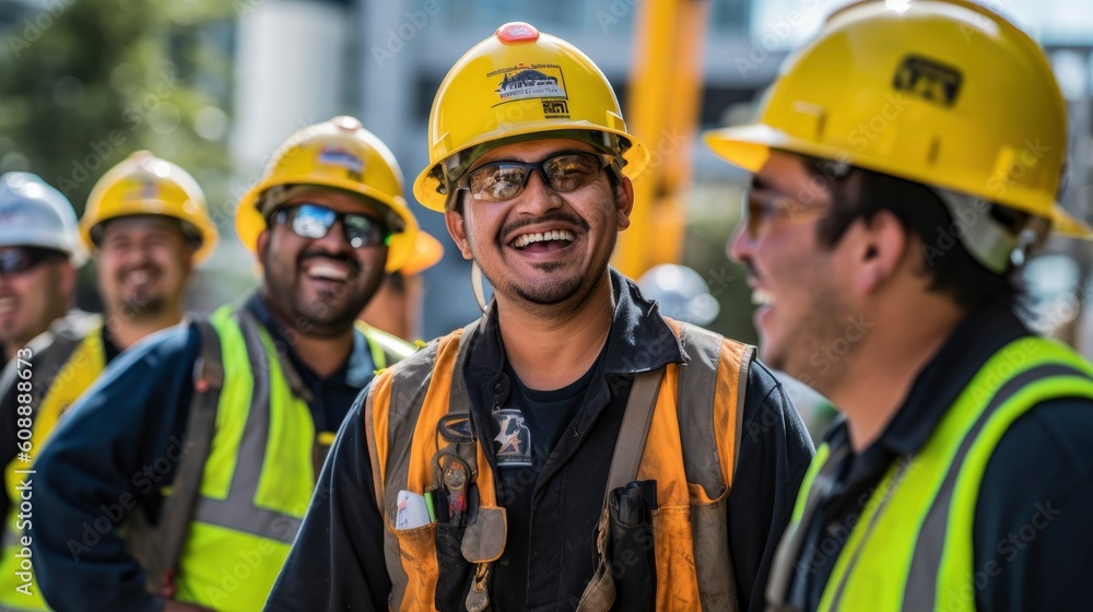 Generative AI happy of team construction worker working at construction site Generative AI happy of team construction worker working at construction site