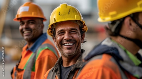 Generative AI happy of team construction worker working at construction site