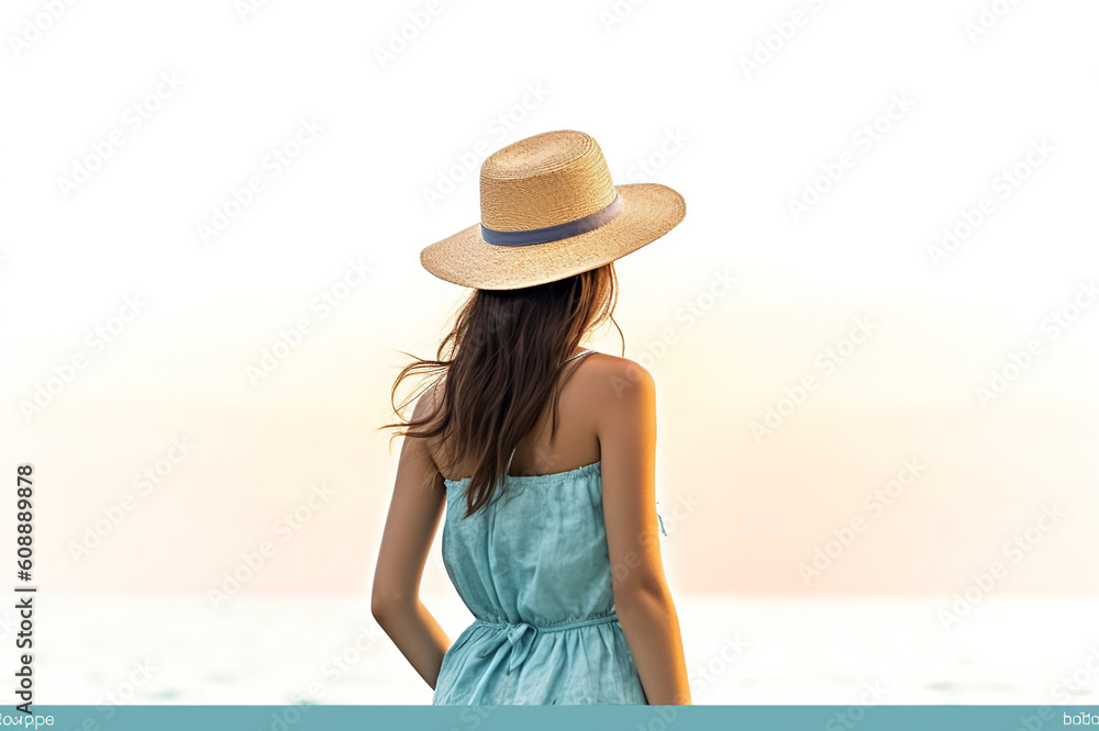 Illustration Back View Of Young Girl On Beach, Generative Ai