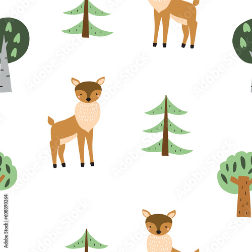 Seamless pattern with cute deer in the forest. Hand drawn flat vector illustration for your design