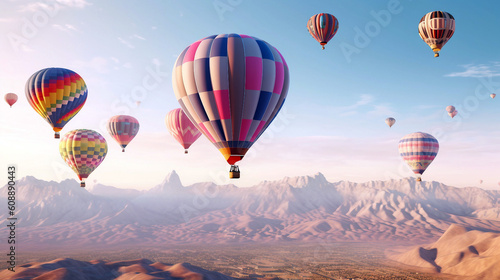 Hot air balloons flying over the desert at sunset, generative ai illustration