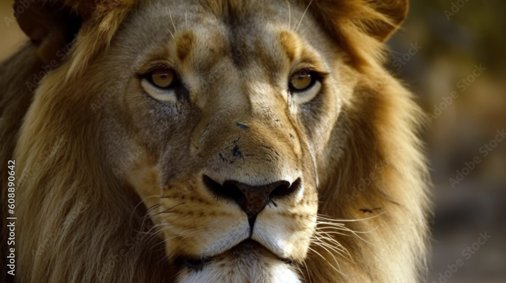 African male lion headshot looking into camera ultra. Generative AI African male lion headshot looking into camera ultra. Generative AI
