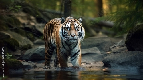 Amur tiger walking in the water. Dangerous animal. Generative AI