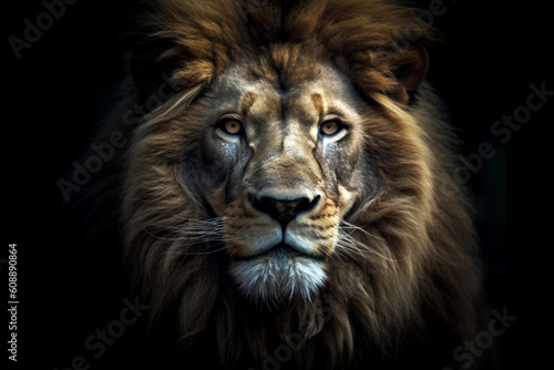 Wild lion head isolated on black background generative ai © ardanz