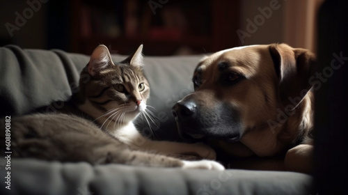 An adorable snapshot of a cat and dog cuddled. Generative AI