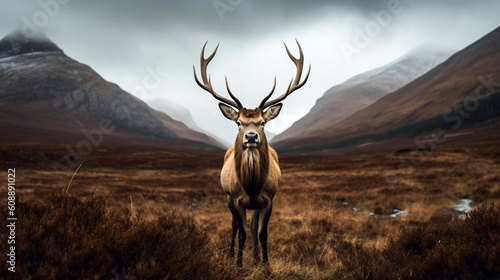Beautiful red deer in a grassland on a cloudy day generative ai