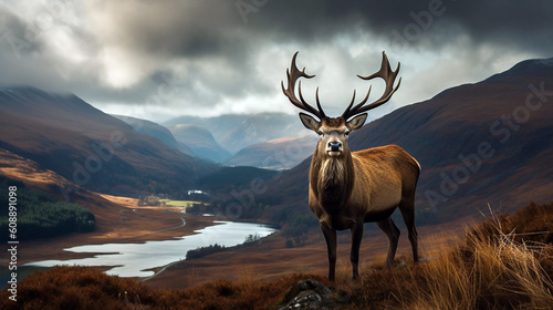 Red deer in a grassland on a cloudy day with beautiful view generative ai