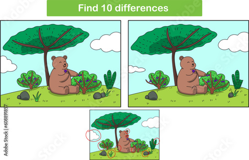 Cute brown bear. Found 10 differences. Kids Education games. Cartoon vector illustration