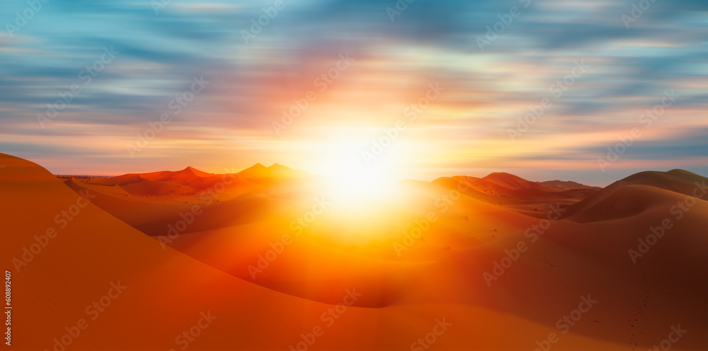 Sand dunes in the Sahara Desert at amazing sunrise, Merzouga, Morocco - Orange dunes in the desert of Morocco - Sahara desert, Morocco Sand dunes in the Sahara Desert at amazing sunrise, Merzouga, Morocco - Orange dunes in the desert of Morocco - Sahara desert, Morocco