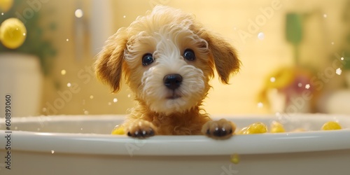 Cute puppy dog in bathtub
