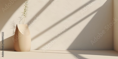 Blank beige brown cement curve counter podium with texture, soft beautiful dappled sunlight, leaf shadow on white wall for luxury organic cosmetic, skincare, beauty treatment product background