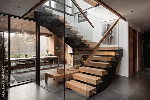 Interior of modern living room with wooden stairs and glass wall