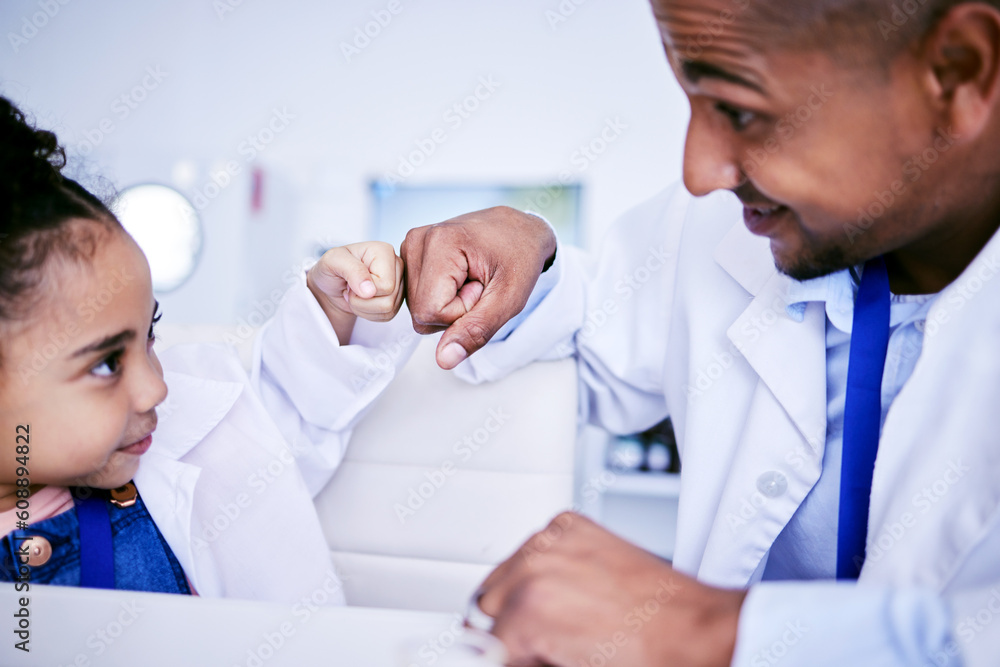 Family, girl and father with fist bump, science and happiness with development, growth and research. Female child, male parent and daughter in a laboratory, scientist and bonding with love and care Family, girl and father with fist bump, science and happiness with development, growth and research. Female child, male parent and daughter in a laboratory, scientist and bonding with love and care