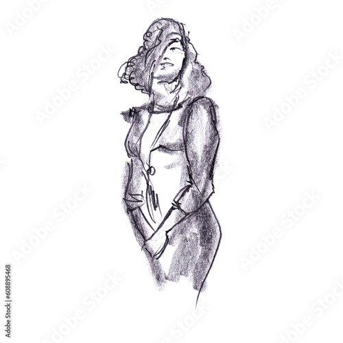 Abstract young woman standing portrait closeup. Hand drawn pencil sketch on paper texture. Isolated on white. Bitmap