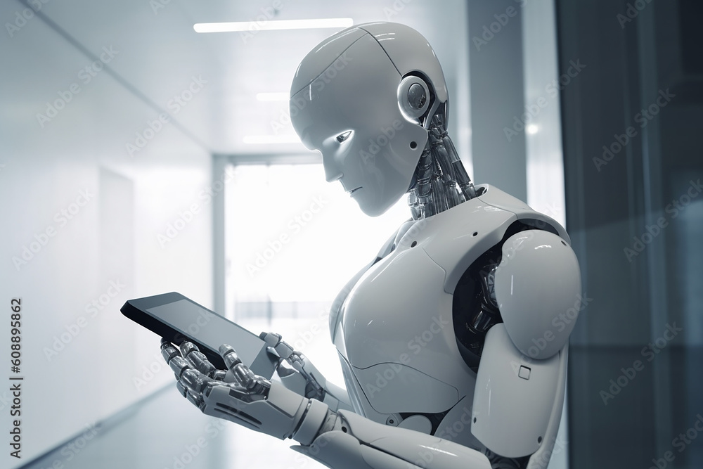 Humanoid robot hold tablet for working online ,reply to clients, industry 4.0, M2M computer aided manufacturing, futuristic and artificial intelligence, Generative AI Humanoid robot hold tablet for working online ,reply to clients, industry 4.0, M2M computer aided manufacturing, futuristic and artificial intelligence, Generative AI