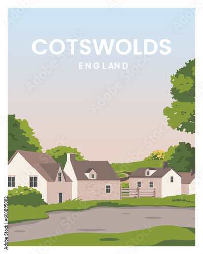 travel poster with cottage houses
in the Cotswolds. vector illustration landscape with colored style.