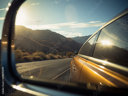 Wing mirror of car reflecting mountain view on high speedway with sunlight during road trip, Generative AI