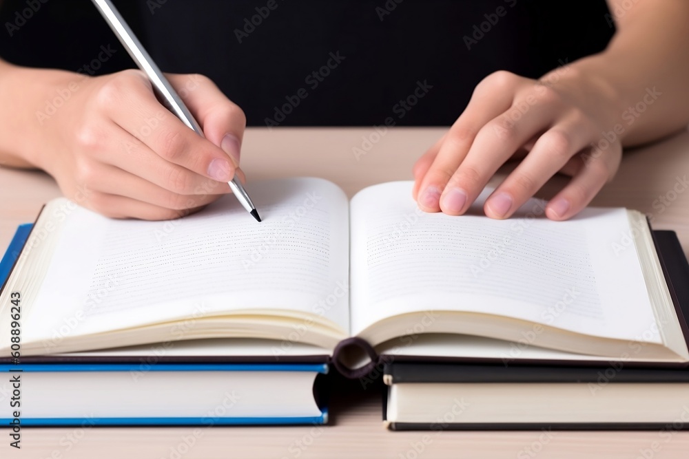 Uma pessoa sentada em uma mesa de escritório, com um livro aberto e uma caneta na mão. A pessoa está focada em seu estudo e o ambiente é limpo e organizado Uma pessoa sentada em uma mesa de escritório, com um livro aberto e uma caneta na mão. A pessoa está focada em seu estudo e o ambiente é limpo e organizado