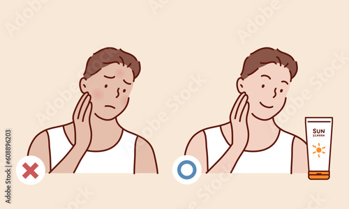 man using sunscreen and woman getting sunburned. before after image. Hand drawn style vector design illustrations.