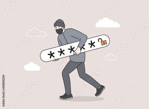 Thief. Hacker stealing sensitive data as passwords. Hand drawn style vector design illustrations.