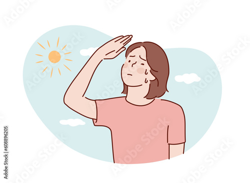 girl thirsty from heat of the summer sun.boy feels so thirsty because of hot weather. Hand drawn style vector design illustrations.