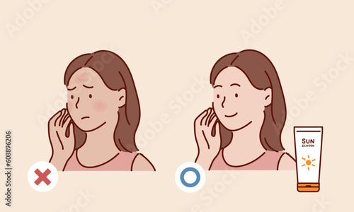 woman using sunscreen and woman getting sunburned. before after image. Hand drawn style vector design illustrations.