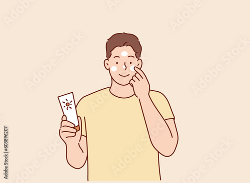 man with sunblock. Hand drawn style vector design illustrations.