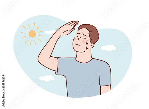 boy thirsty from heat of the summer sun.boy feels so thirsty because of hot weather. Hand drawn style vector design illustrations.