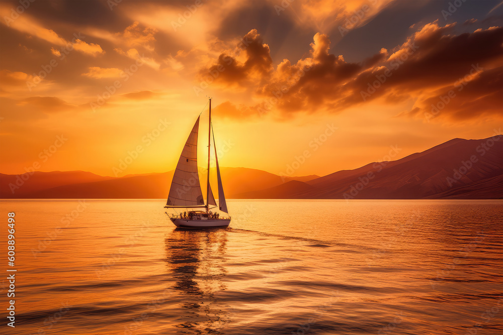 Sailing yacht in the sea against the backdrop of mountains