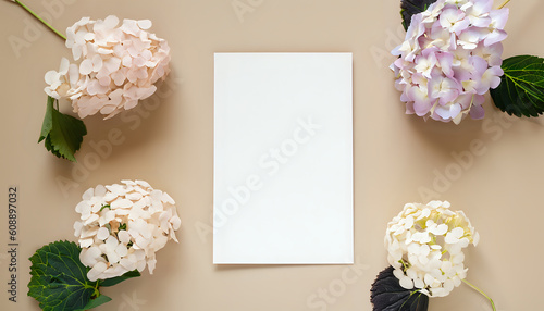 bouquet of snow drops, Invitation card mockup with hydrangea flowers on beige pastel background, copy space, wallpaper, background, Template blank of white paper mock up for branding and advertising