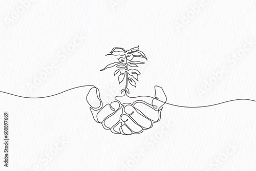Continuous line drawing. Hands palms together with growing plant line art
