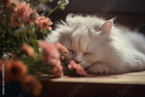 White cat asleep next to some flowers. Generated AI