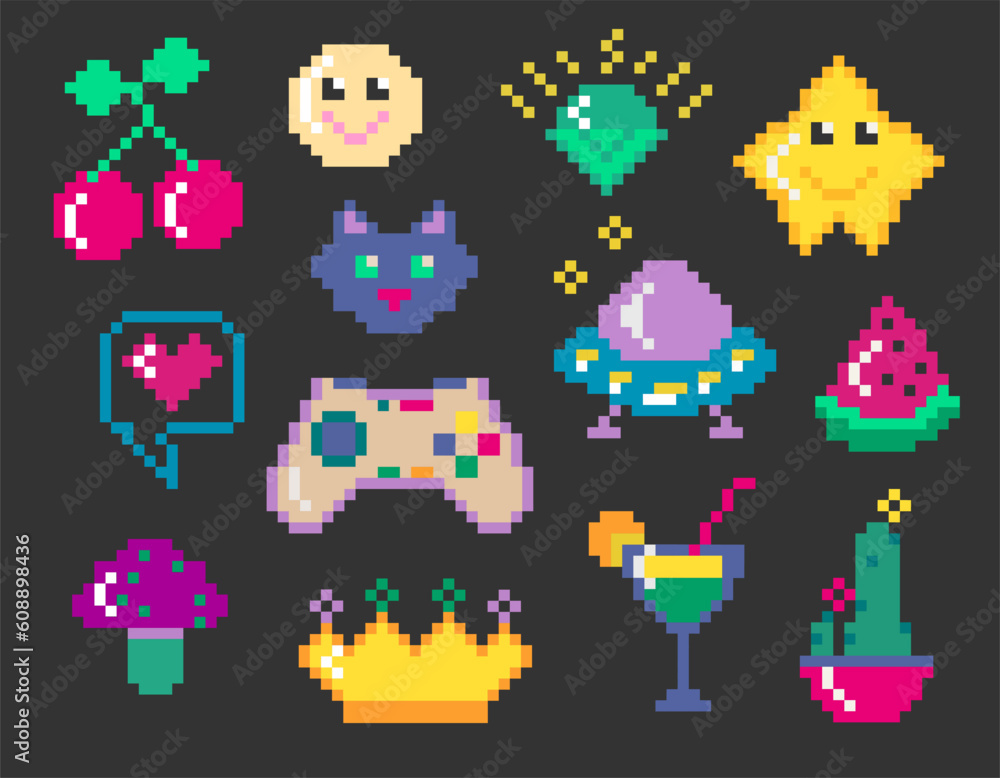 Collection of different pixel art game icons Y2K style Ufo, musroom, cherry, smile, gem, star, joystick, crown, cocktail, watermelon. Collection of different pixel art game icons Y2K style Ufo, musroom, cherry, smile, gem, star, joystick, crown, cocktail, watermelon.