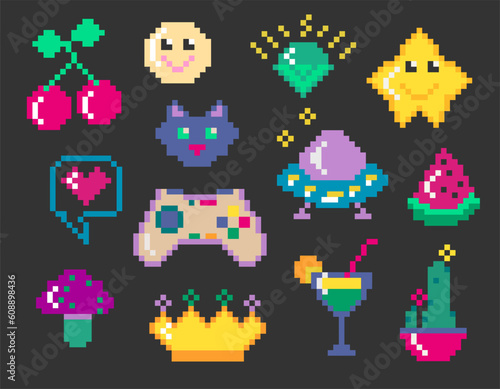 Collection of different pixel art game icons Y2K style Ufo, musroom, cherry, smile, gem, star, joystick, crown, cocktail, watermelon.