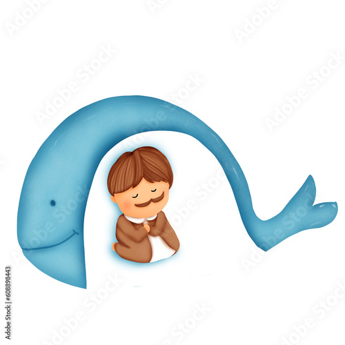 whale and Jonah watercolor from the bible clipart.Whale animal cartoon character.
