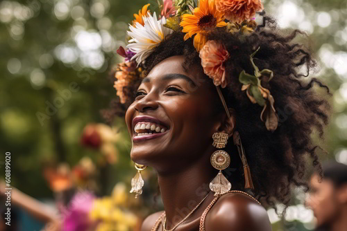 Fictional portrait of a black woman with a wreath of flowers