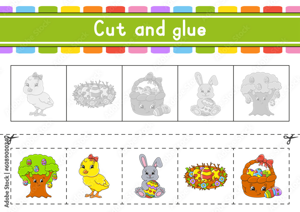 Obraz premium Cut and play. Paper game with glue. Flash cards. Education worksheet. Activity page. Scissors practice. Vector illustration.