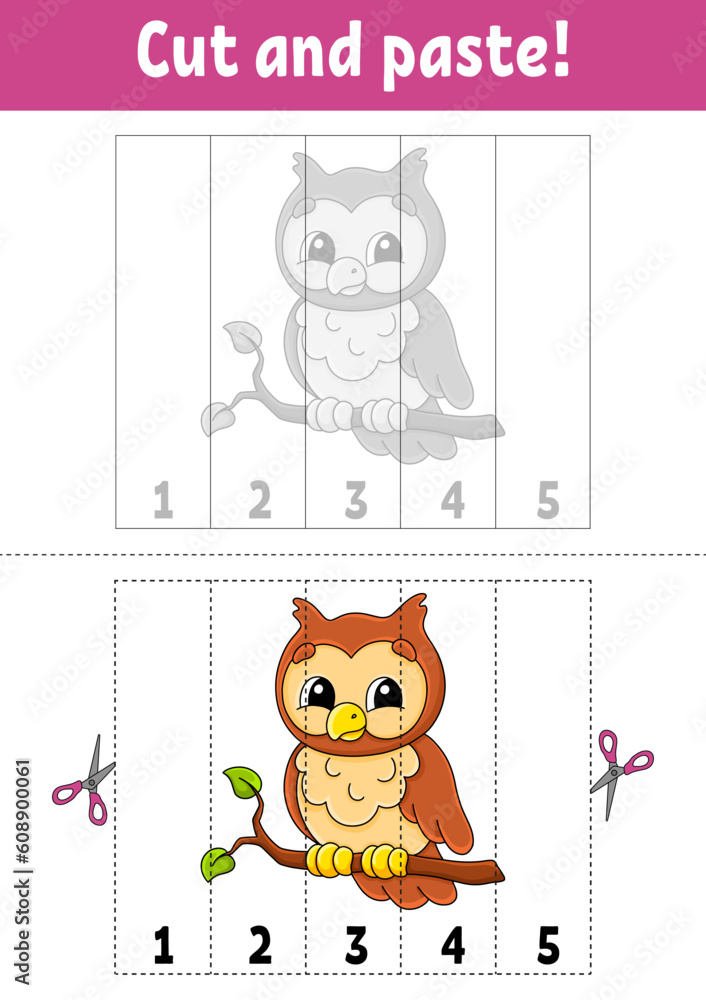 Learning numbers 1-5. Cut and glue. cartoon character. Education ...
