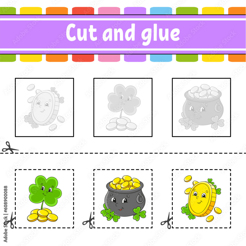 Cut and glue. Game for kids. Education developing worksheet. Color activity page. cartoon character. St. Patrick's day. Cut and glue. Game for kids. Education developing worksheet. Color activity page. cartoon character. St. Patrick's day.