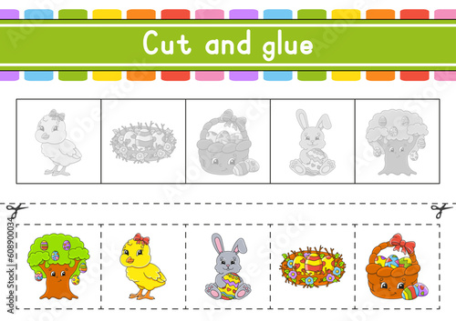 Cut and play. Paper game with glue. Flash cards. Education worksheet. Activity page. Scissors practice. Vector illustration.