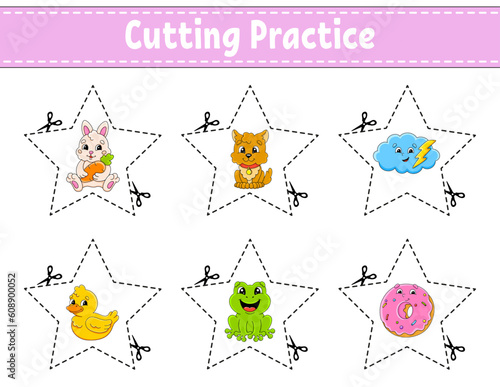 Cutting practice for kids. Education developing worksheet. Activity page. Vector illustration.