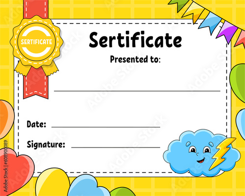 Sertificate template for kids. Colorful school and preschool diploma. With cute character. Vector illustration.