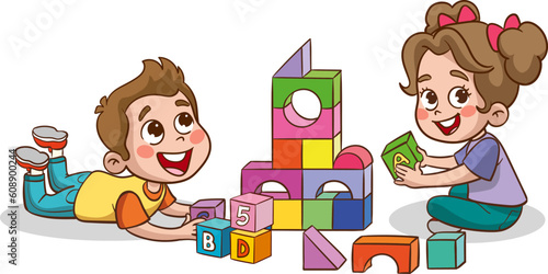 Illustration of Kids Playing with Colorful Blocks on a White Background