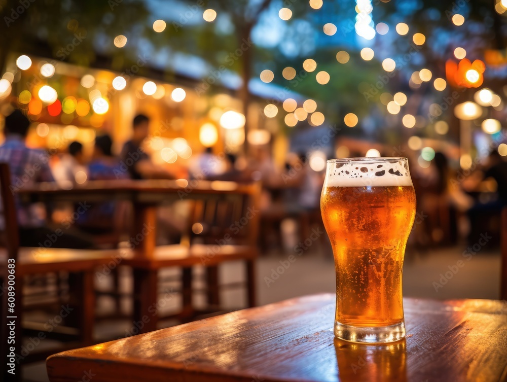 Bokeh background of street bar beer restaurant, outdoor. People sit chill out and hang out dinner and listen to music together in avenue. Happy life. - obrazy, fototapety, plakaty 