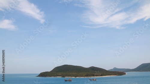 High angle seascape with island and blue sky background , Sattahip archipelago Chonburi , Thailand.