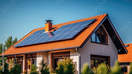 House with solar panels on the roof. Sustainable and clean energy at home.
