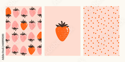 Groovy hippie 70s seamless pattern with strawberries. Funny cartoon elements etc. Vector cards in trendy retro psychedelic cartoon style. Vector backgrounds. Stay groovy. Good vibes.